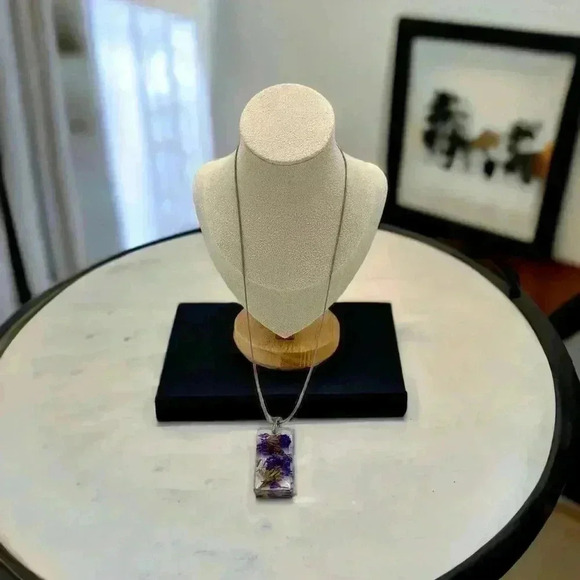 Dried Flowers Forget-Me-Not Resin Dog Tags Statement Neckace Silver Plated chain - Picture 2 of 6